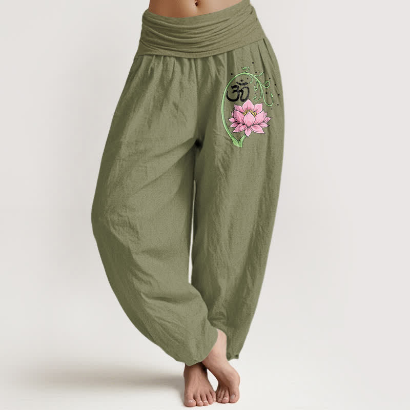 Buddha Stones Pantalones harem de mujer con cintura elástica y estampado de enredadera de loto de algodón puro. - Verde oliva - US16，UK/AU20，EU48 (3XL) - image 14