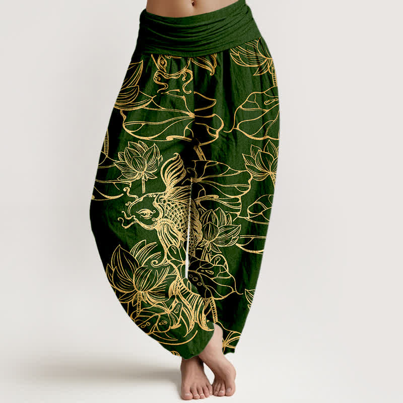 Buddha Stones Pantalones harem de mujer con cintura elástica y estampado de peces y lotos de algodón. - Verde oscuro - US16，UK/AU20，EU48 (3XL) - image 0