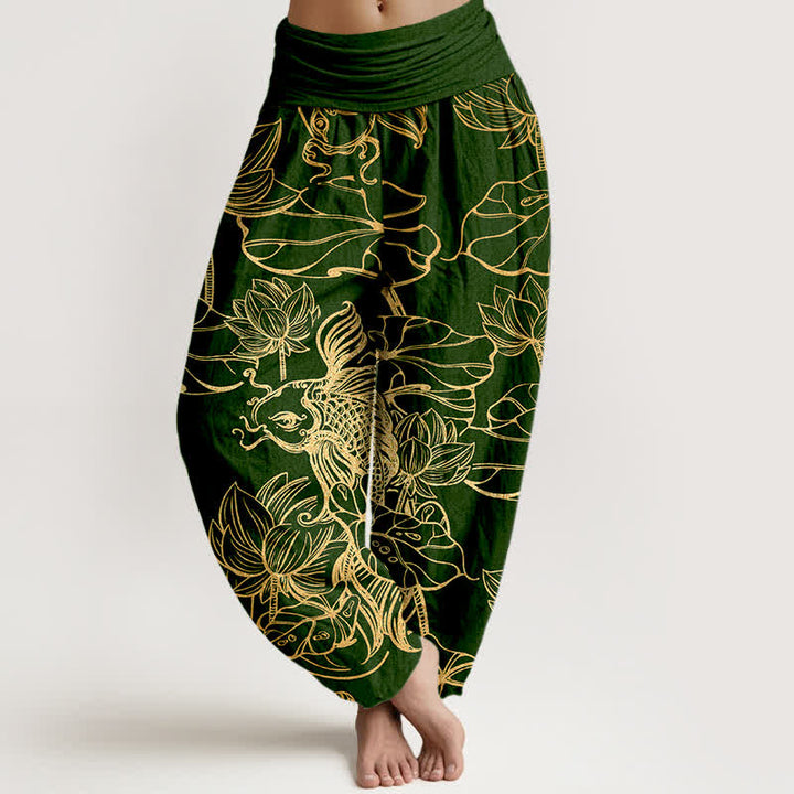 Buddha Stones Pantalones harem de mujer con cintura elástica y estampado de peces y lotos de algodón. - Verde oscuro - US16，UK/AU20，EU48 (3XL) - image 0