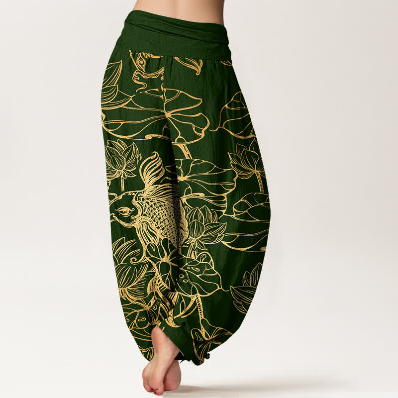 Buddha Stones Pantalones harem de mujer con cintura elástica y estampado de peces y lotos de algodón. - image 2