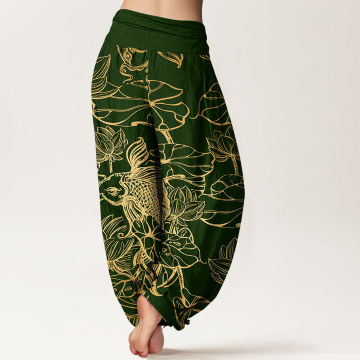 Buddha Stones Pantalones harem de mujer con cintura elástica y estampado de peces y lotos de algodón. - image 2