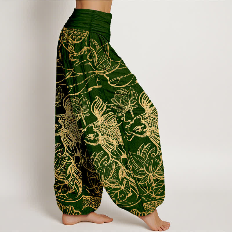 Buddha Stones Pantalones harem de mujer con cintura elástica y estampado de peces y lotos de algodón. - image 1