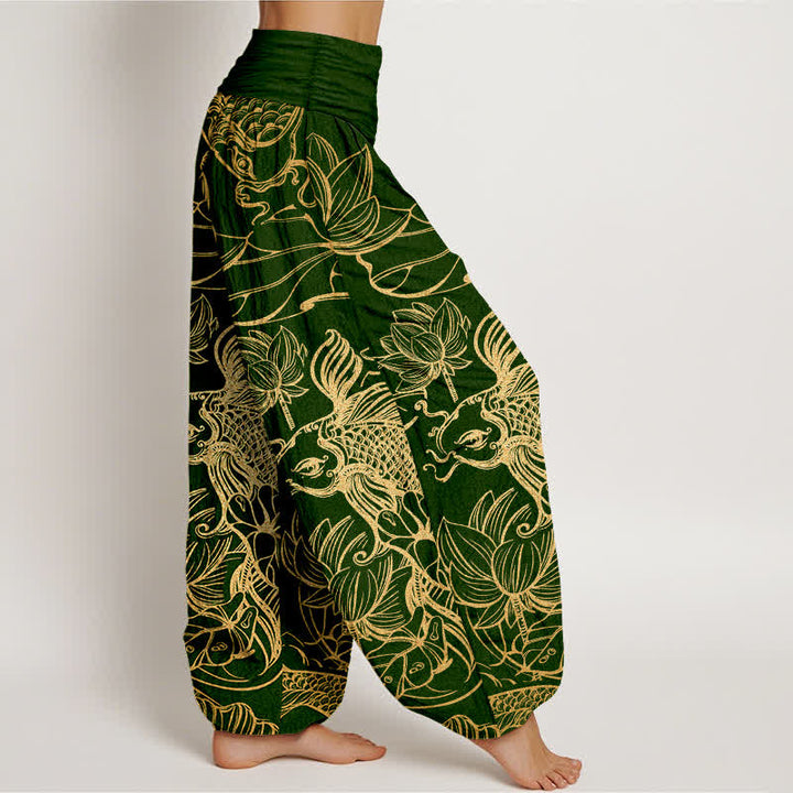Buddha Stones Pantalones harem de mujer con cintura elástica y estampado de peces y lotos de algodón. - image 1