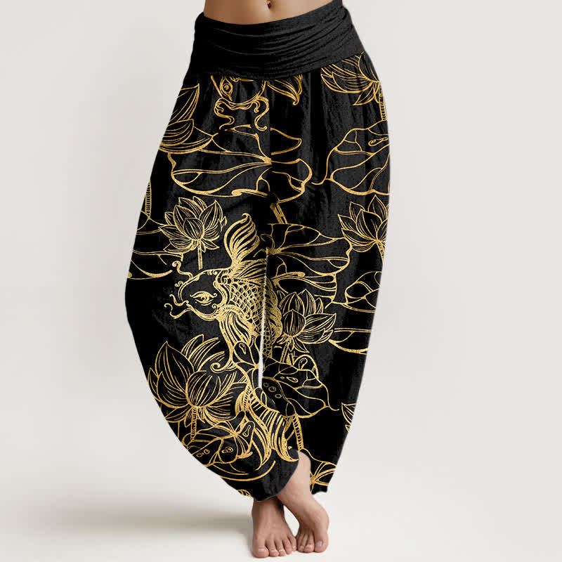 Buddha Stones Pantalones harem de mujer con cintura elástica y estampado de peces y lotos de algodón. - Negro - US16，UK/AU20，EU48 (3XL) - image 5