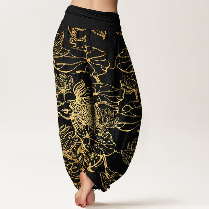Buddha Stones Pantalones harem de mujer con cintura elástica y estampado de peces y lotos de algodón. - image 7