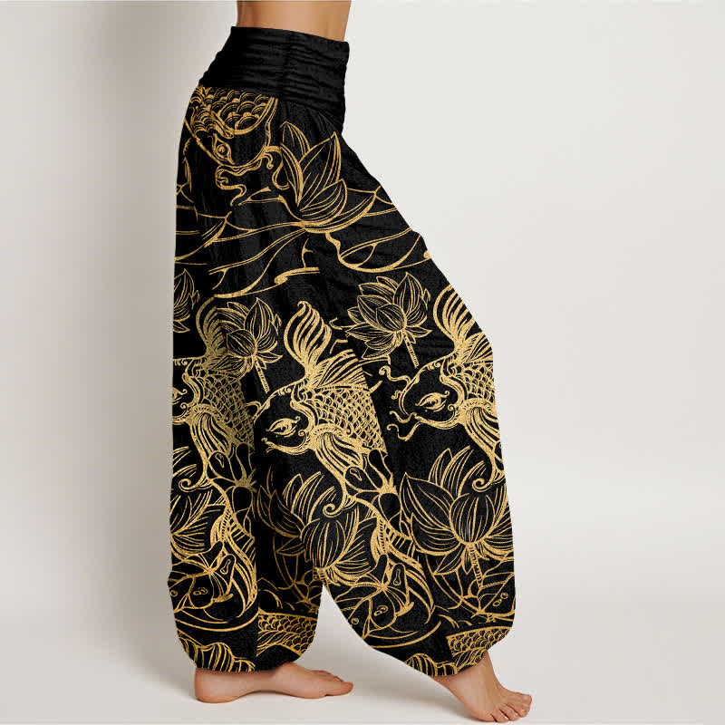 Buddha Stones Pantalones harem de mujer con cintura elástica y estampado de peces y lotos de algodón. - image 6