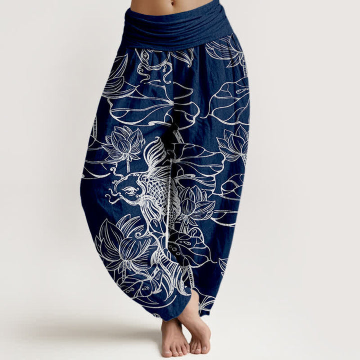Buddha Stones Pantalones harem de mujer con cintura elástica y estampado de peces y lotos de algodón. - Marina de guerra - US16，UK/AU20，EU48 (3XL) - image 8