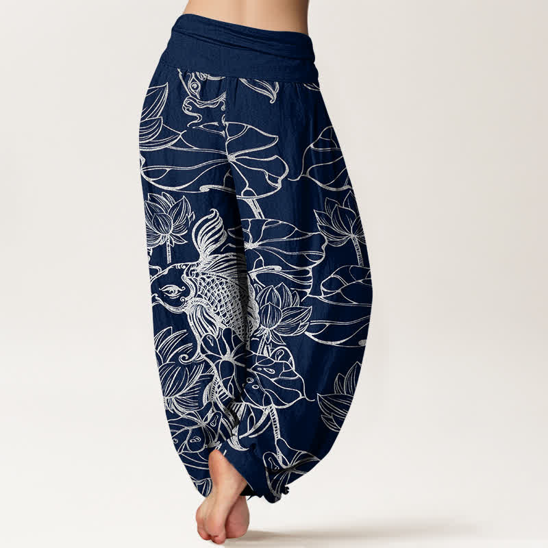 Buddha Stones Pantalones harem de mujer con cintura elástica y estampado de peces y lotos de algodón. - image 10