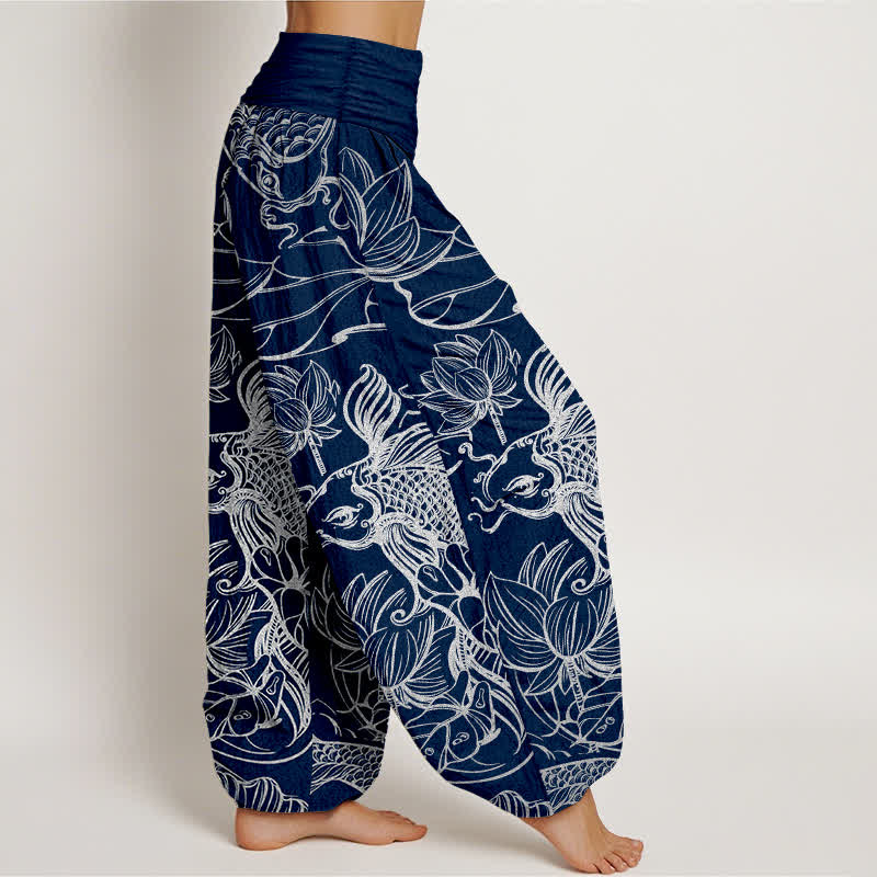 Buddha Stones Pantalones harem de mujer con cintura elástica y estampado de peces y lotos de algodón. - image 9