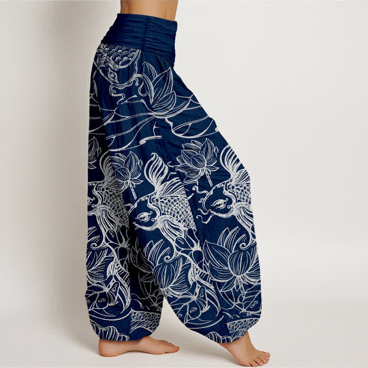 Buddha Stones Pantalones harem de mujer con cintura elástica y estampado de peces y lotos de algodón. - image 9