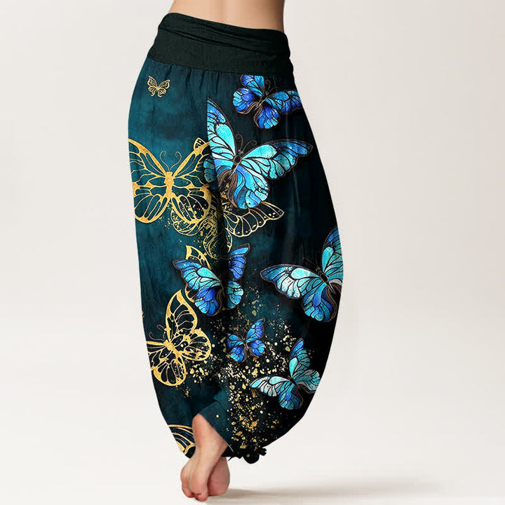 Buddha Stones Pantalones harem de algodón con estampado artístico de mariposas brillantes y cintura elástica para mujer. - image 2