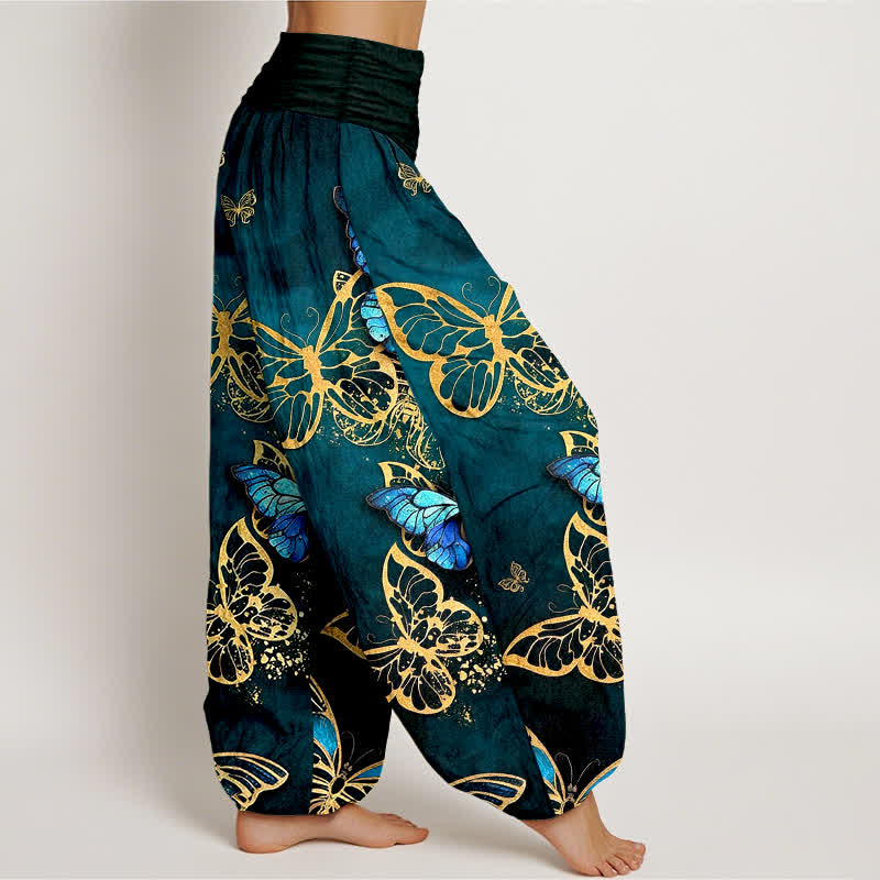 Buddha Stones Pantalones harem de algodón con estampado artístico de mariposas brillantes y cintura elástica para mujer. - image 1
