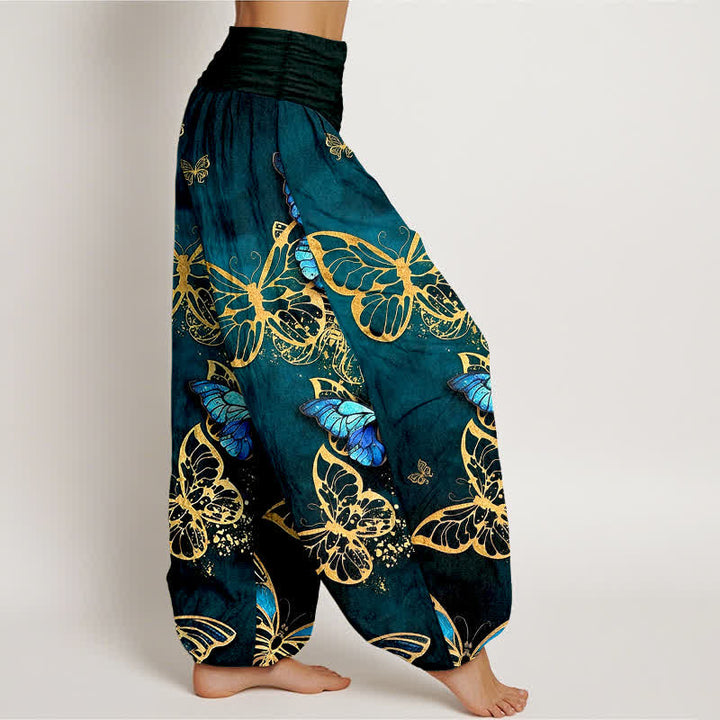 Buddha Stones Pantalones harem de algodón con estampado artístico de mariposas brillantes y cintura elástica para mujer. - image 1