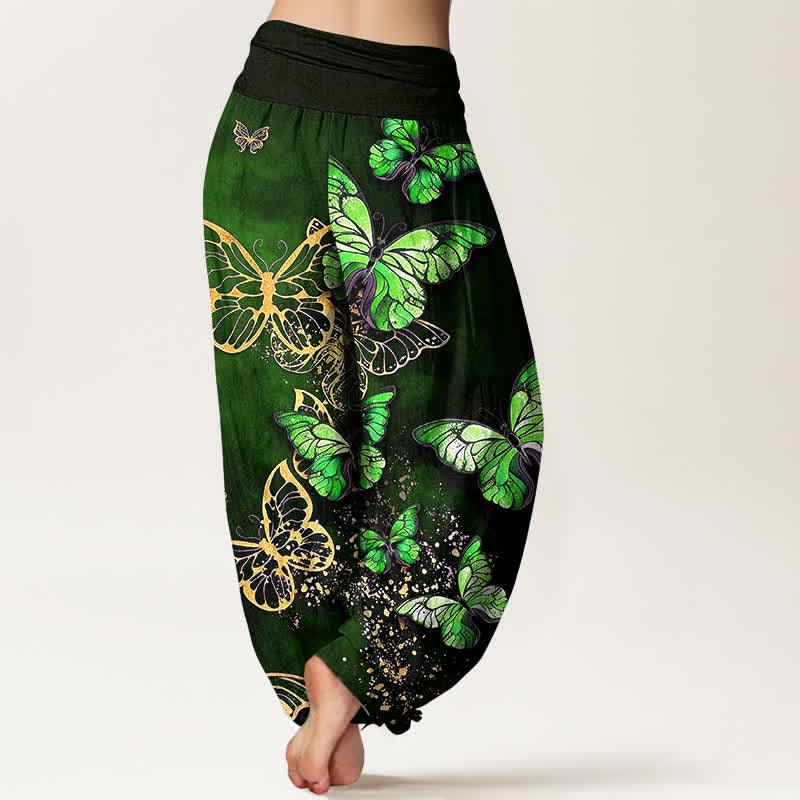 Buddha Stones Pantalones harem de algodón con estampado artístico de mariposas brillantes y cintura elástica para mujer. - image 7