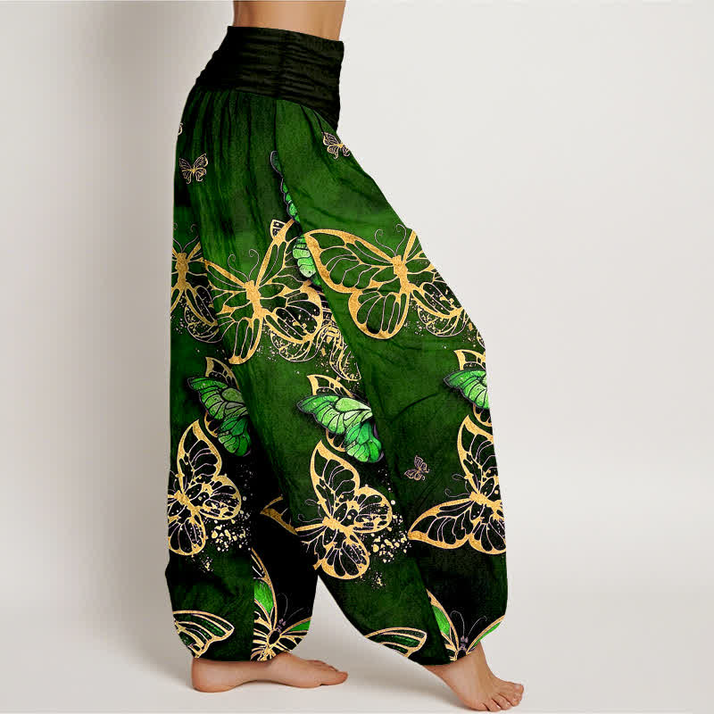 Buddha Stones Pantalones harem de algodón con estampado artístico de mariposas brillantes y cintura elástica para mujer. - image 6