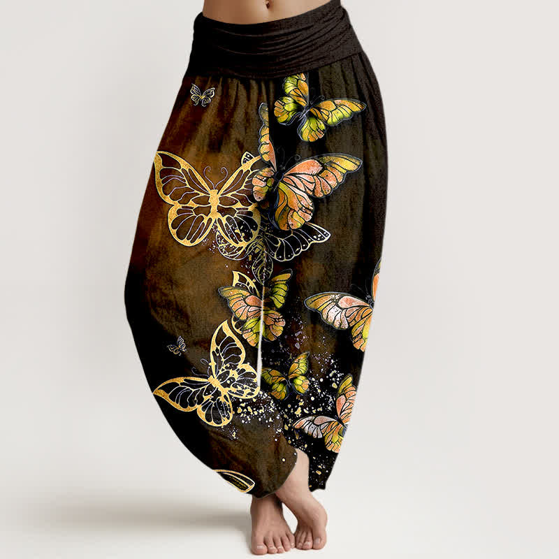 Buddha Stones Pantalones harem de algodón con estampado artístico de mariposas brillantes y cintura elástica para mujer. - Vara de oro oscura - US16，UK/AU20，EU48 (3XL) - image 8