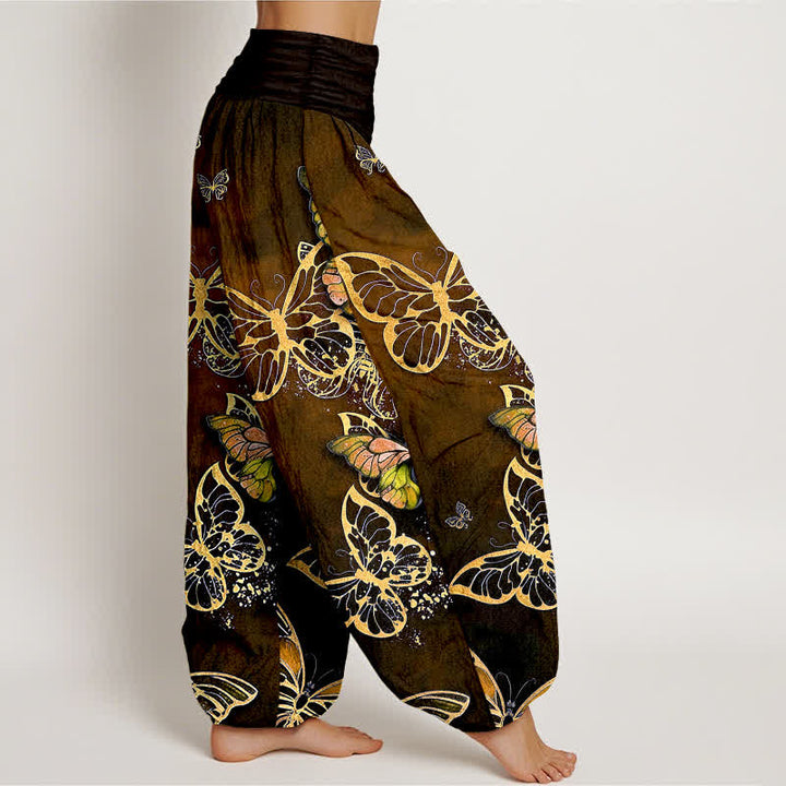 Buddha Stones Pantalones harem de algodón con estampado artístico de mariposas brillantes y cintura elástica para mujer. - image 9