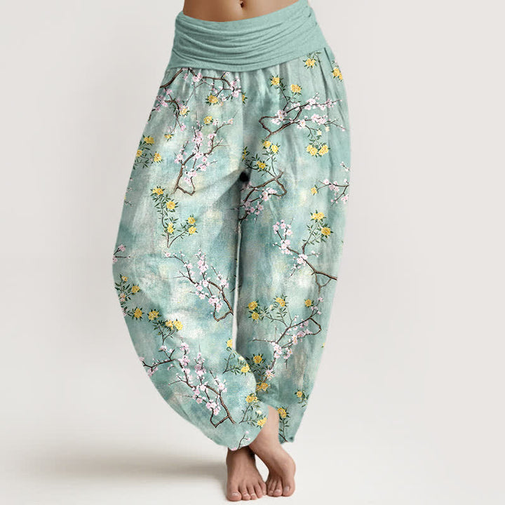 Buddha Stones Pantalones harem de algodón con estampado floral botánico y de ramas para mujer con cintura elástica. - Aguamarina - US16，UK/AU20，EU48 (3XL) - image 0