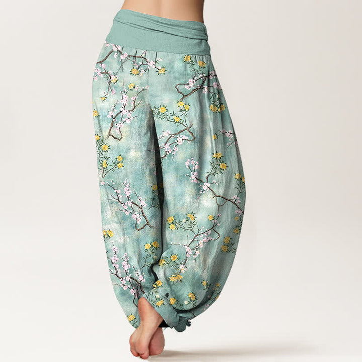 Buddha Stones Pantalones harem de algodón con estampado floral botánico y de ramas para mujer con cintura elástica. - image 2