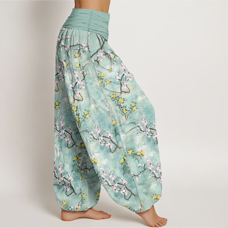 Buddha Stones Pantalones harem de algodón con estampado floral botánico y de ramas para mujer con cintura elástica. - image 1