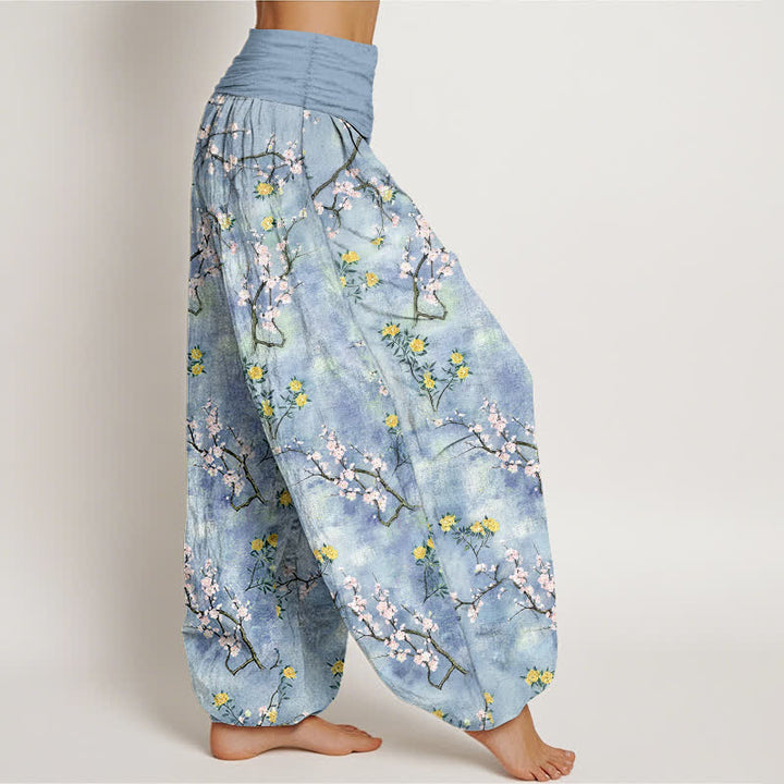 Buddha Stones Pantalones harem de algodón con estampado floral botánico y de ramas para mujer con cintura elástica. - image 6