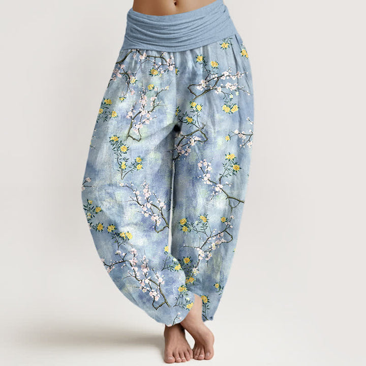 Buddha Stones Pantalones harem de algodón con estampado floral botánico y de ramas para mujer con cintura elástica. - Azul claro - US16，UK/AU20，EU48 (3XL) - image 5