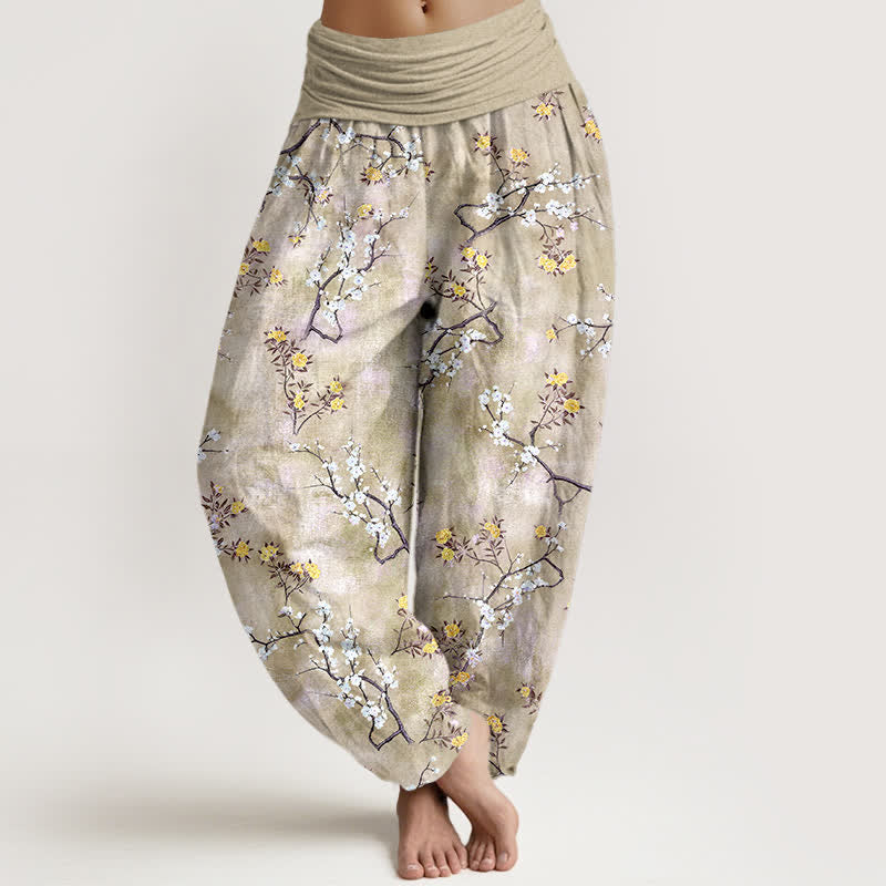Buddha Stones Pantalones harem de algodón con estampado floral botánico y de ramas para mujer con cintura elástica. - vara de oro pálida - US16，UK/AU20，EU48 (3XL) - image 8