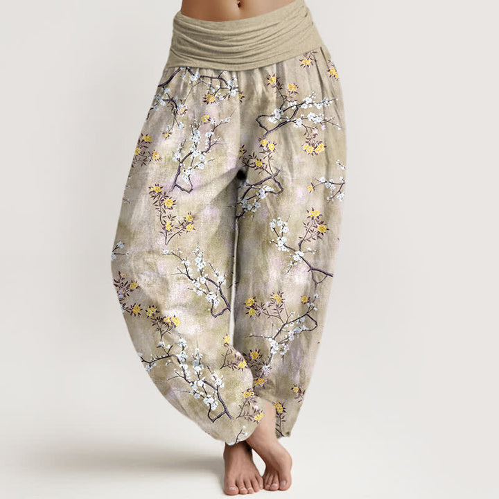 Buddha Stones Pantalones harem de algodón con estampado floral botánico y de ramas para mujer con cintura elástica. - vara de oro pálida - US16，UK/AU20，EU48 (3XL) - image 8