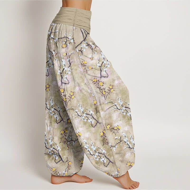 Buddha Stones Pantalones harem de algodón con estampado floral botánico y de ramas para mujer con cintura elástica. - image 9