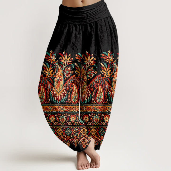 Buddha Stones Pantalones harem de algodón con estampado étnico de cachemir y flores para mujer, con cintura elástica. - Negro - US16，UK/AU20，EU48 (3XL) - image 0
