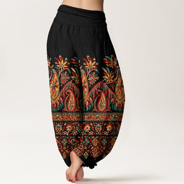 Buddha Stones Pantalones harem de algodón con estampado étnico de cachemir y flores para mujer, con cintura elástica. - image 2