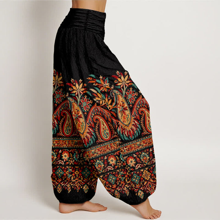 Buddha Stones Pantalones harem de algodón con estampado étnico de cachemir y flores para mujer, con cintura elástica. - image 1
