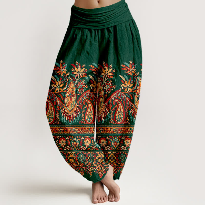 Buddha Stones Pantalones harem de algodón con estampado étnico de cachemir y flores para mujer, con cintura elástica. - Verde bosque - US16，UK/AU20，EU48 (3XL) - image 5