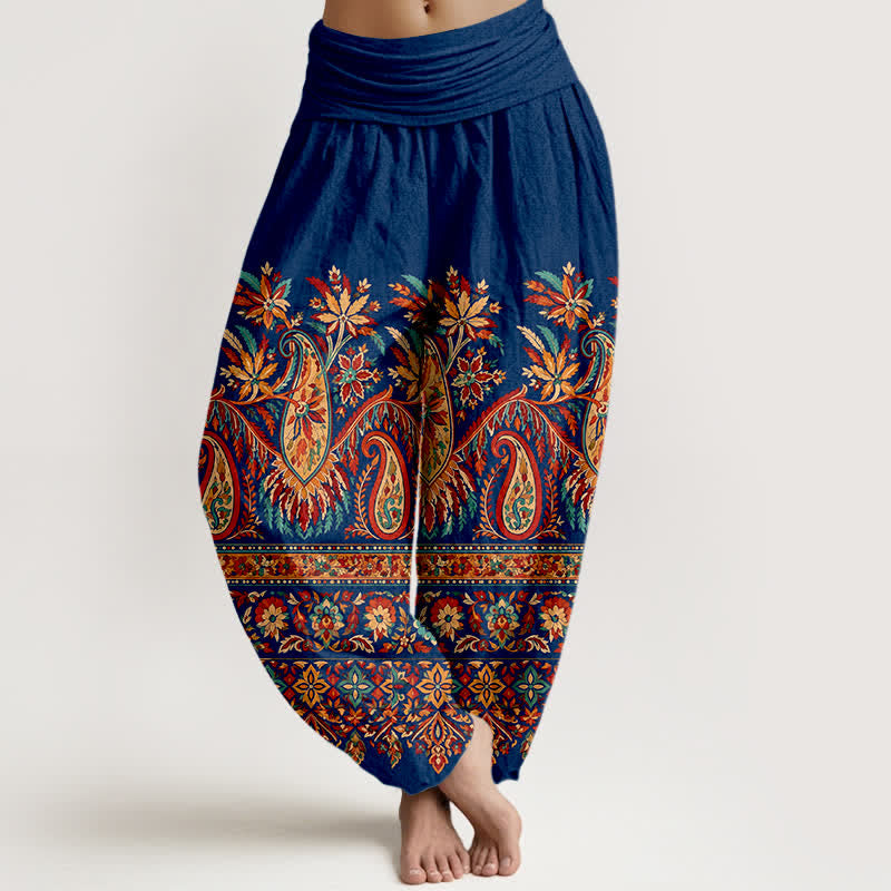 Buddha Stones Pantalones harem de algodón con estampado étnico de cachemir y flores para mujer, con cintura elástica. - Marina de guerra - US16，UK/AU20，EU48 (3XL) - image 8