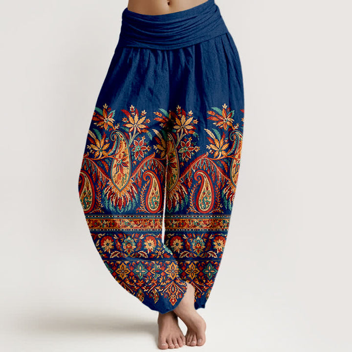 Buddha Stones Pantalones harem de algodón con estampado étnico de cachemir y flores para mujer, con cintura elástica. - Marina de guerra - US16，UK/AU20，EU48 (3XL) - image 8