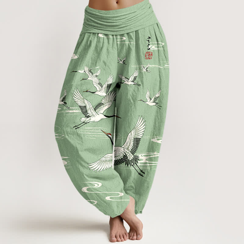 Buddha Stones Pantalones harem de algodón con estampado de grullas orientales y cintura elástica para mujer. - Verde pálido - US16，UK/AU20，EU48 (3XL) - image 0