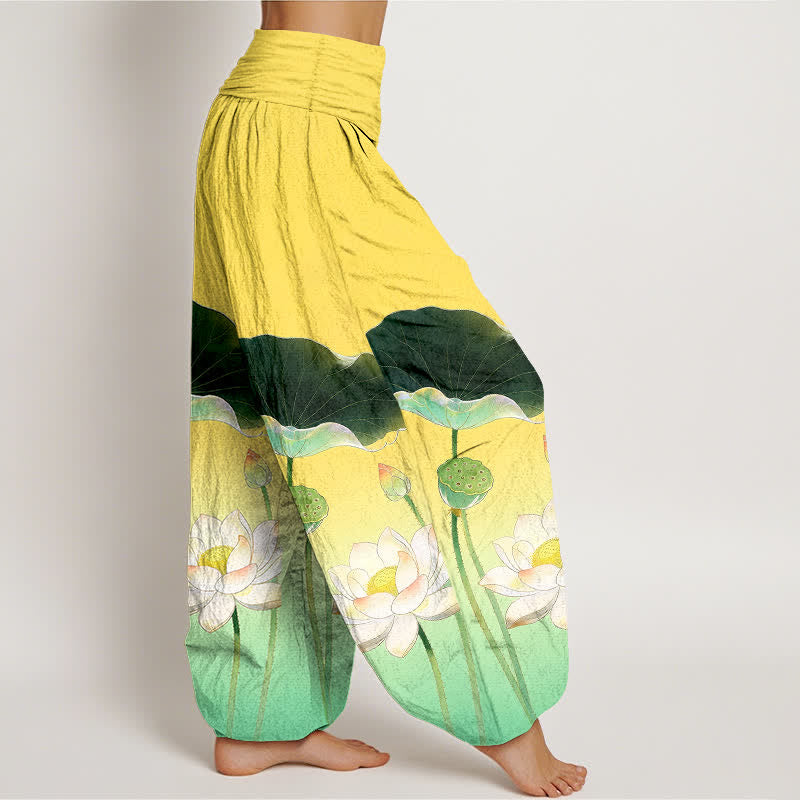 Buddha Stones Pantalones harem de algodón con elegante estampado de flor de loto para mujer, con cintura elástica. - image 1