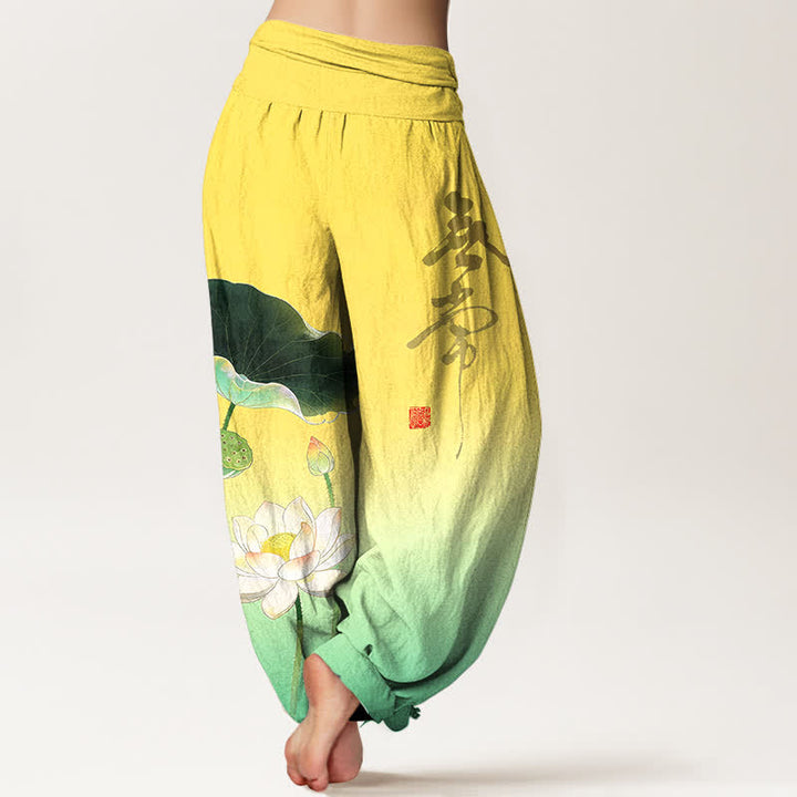 Buddha Stones Pantalones harem de algodón con elegante estampado de flor de loto para mujer, con cintura elástica. - image 2