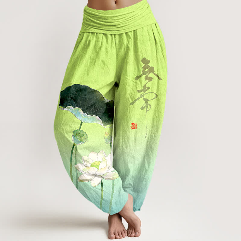 Buddha Stones Pantalones harem de algodón con elegante estampado de flor de loto para mujer, con cintura elástica. - Turquesa - US16，UK/AU20，EU48 (3XL) - image 5