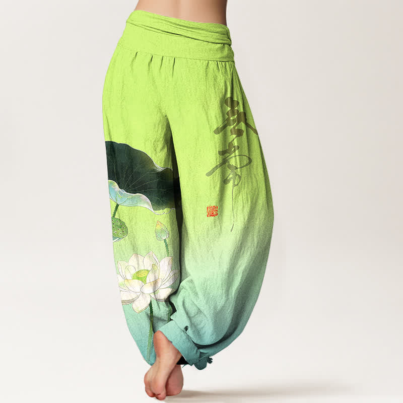 Buddha Stones Pantalones harem de algodón con elegante estampado de flor de loto para mujer, con cintura elástica. - image 7