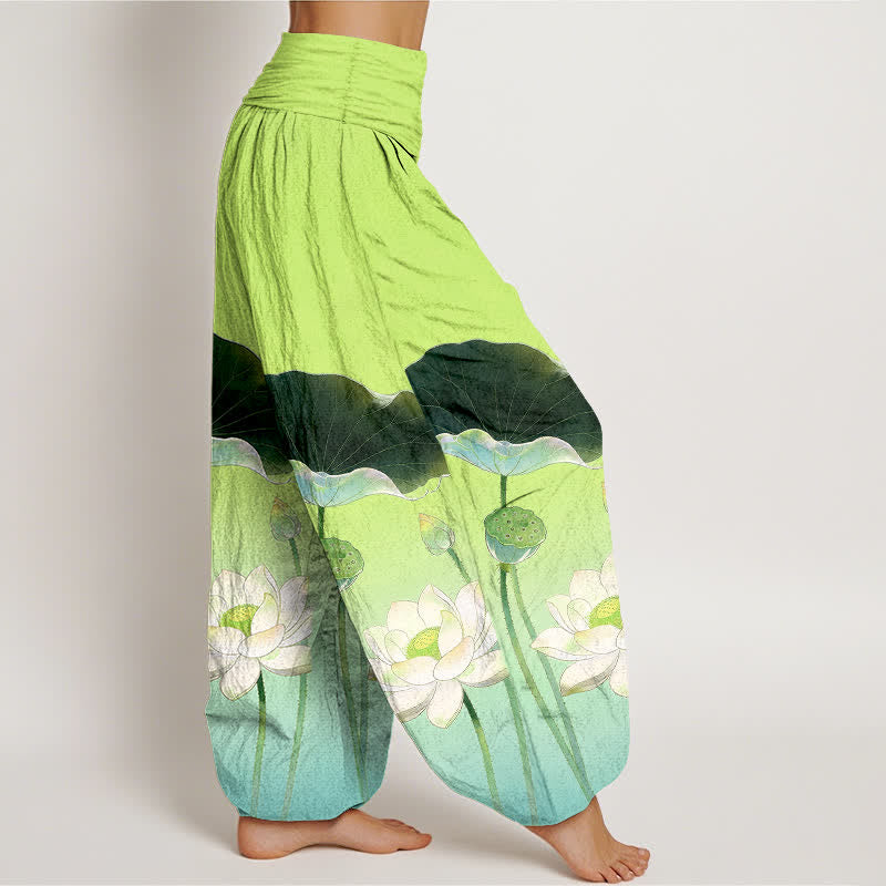 Buddha Stones Pantalones harem de algodón con elegante estampado de flor de loto para mujer, con cintura elástica. - image 6