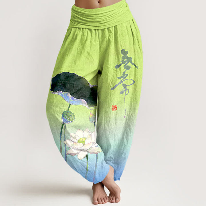 Buddha Stones Pantalones harem de algodón con elegante estampado de flor de loto para mujer, con cintura elástica. - Azul cielo profundo - US16，UK/AU20，EU48 (3XL) - image 8