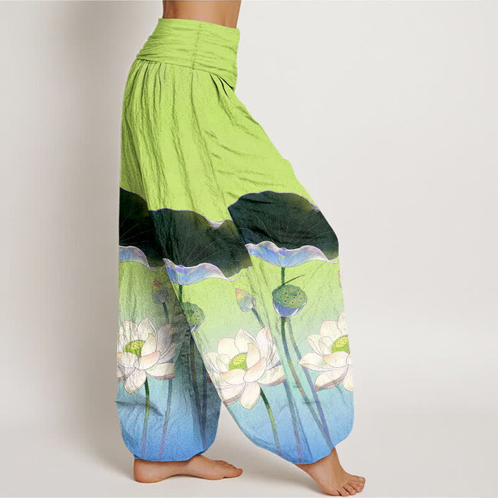 Buddha Stones Pantalones harem de algodón con elegante estampado de flor de loto para mujer, con cintura elástica. - image 9