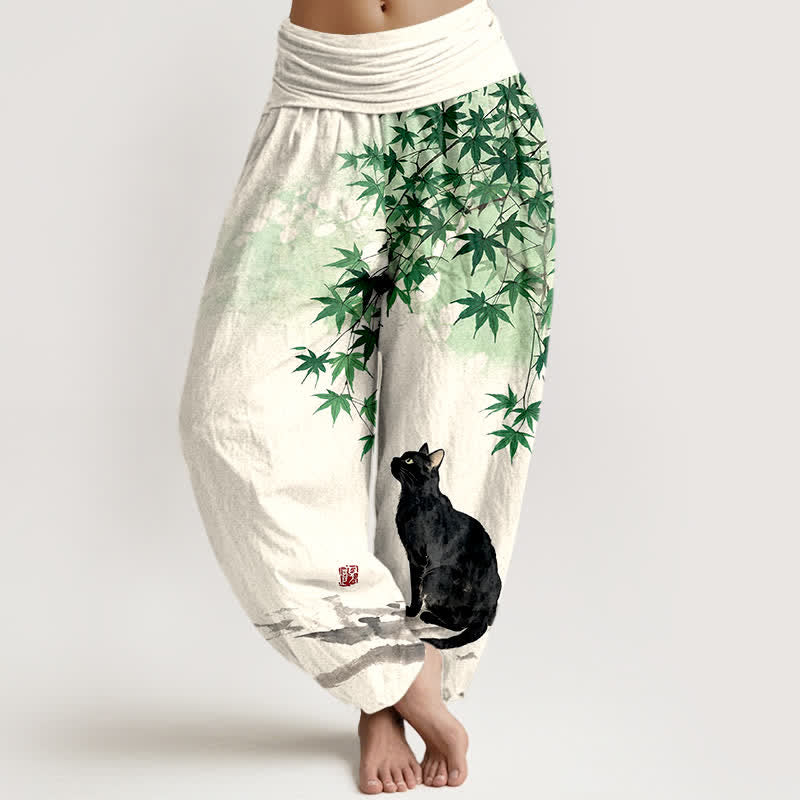 Buddha Stones Pantalones harem de algodón con estampado de hoja de arce y gato para mujer, cintura elástica. - Verdemar - US16，UK/AU20，EU48 (3XL) - image 0