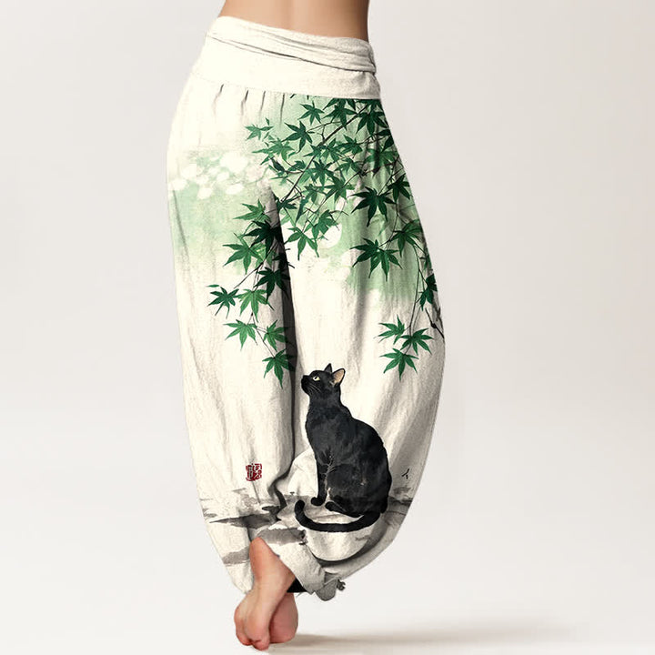 Buddha Stones Pantalones harem de algodón con estampado de hoja de arce y gato para mujer, cintura elástica. - image 2