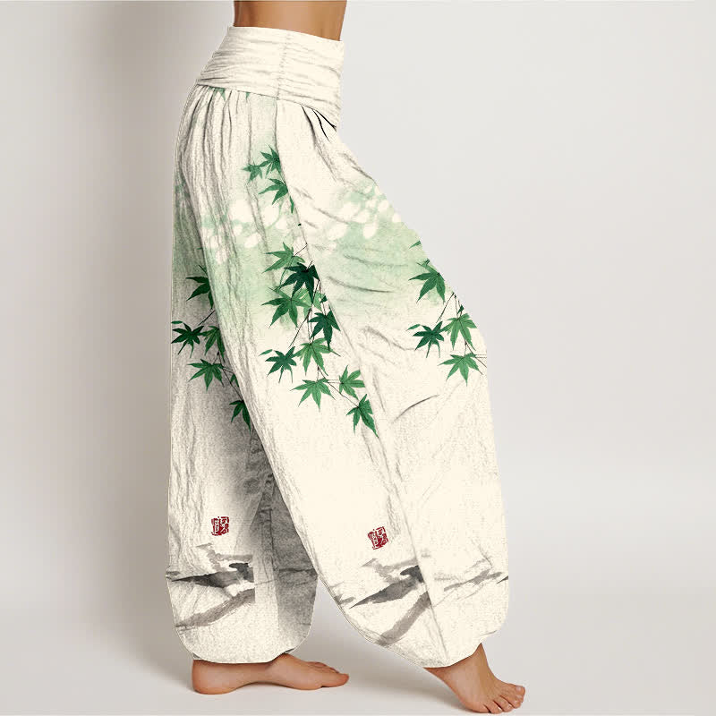 Buddha Stones Pantalones harem de algodón con estampado de hoja de arce y gato para mujer, cintura elástica. - image 1