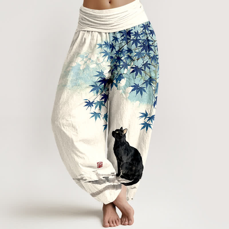 Buddha Stones Pantalones harem de algodón con estampado de hoja de arce y gato para mujer, cintura elástica. - Azul - US16，UK/AU20，EU48 (3XL) - image 5