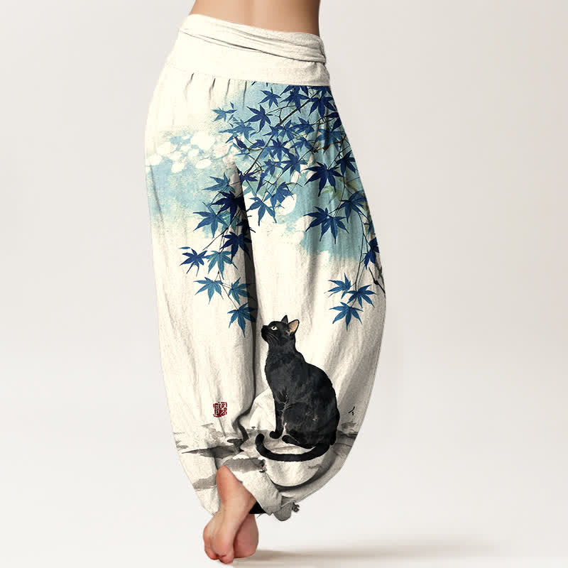Buddha Stones Pantalones harem de algodón con estampado de hoja de arce y gato para mujer, cintura elástica. - image 7