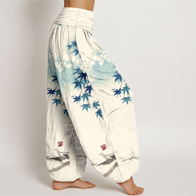 Buddha Stones Pantalones harem de algodón con estampado de hoja de arce y gato para mujer, cintura elástica. - image 6