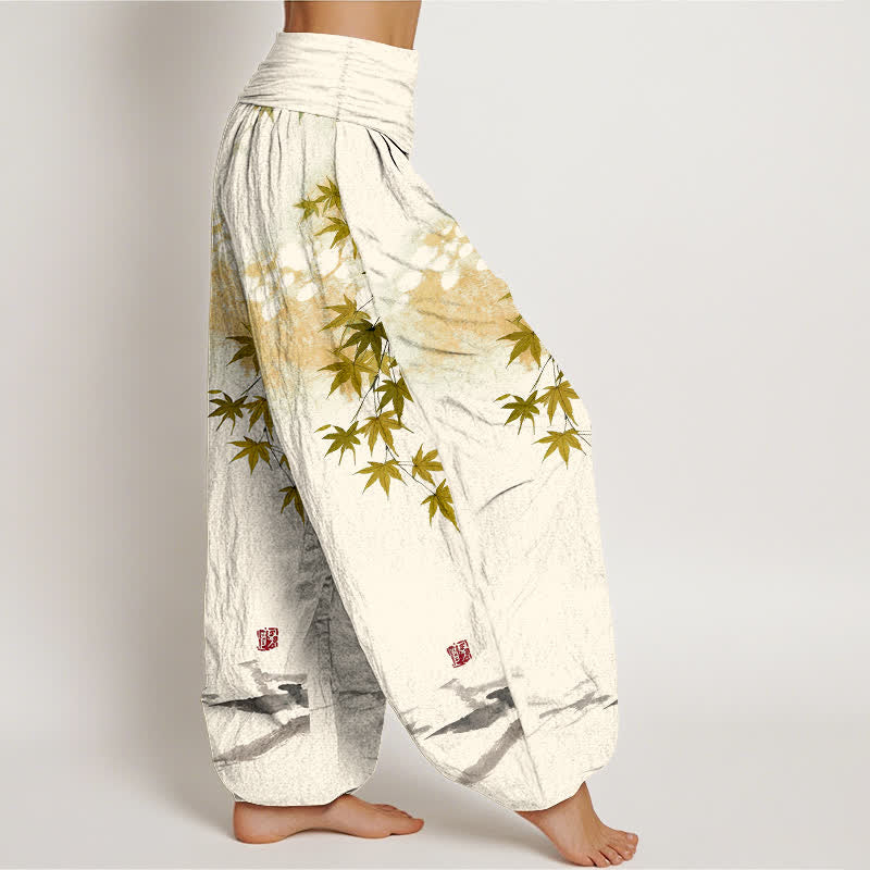 Buddha Stones Pantalones harem de algodón con estampado de hoja de arce y gato para mujer, cintura elástica. - image 9